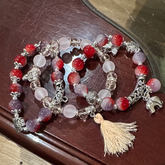 Jewelry - Elegant Red and Silver Beaded Bracelet Set